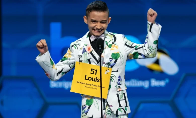 Photos of students competing for the Scripps National Spelling Bee trophy