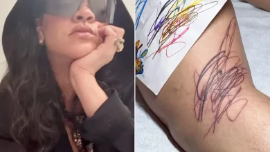 Rihanna Debuts Large Scribbled Leg Tattoo 'Designed by Her Babies': See Their Artwork