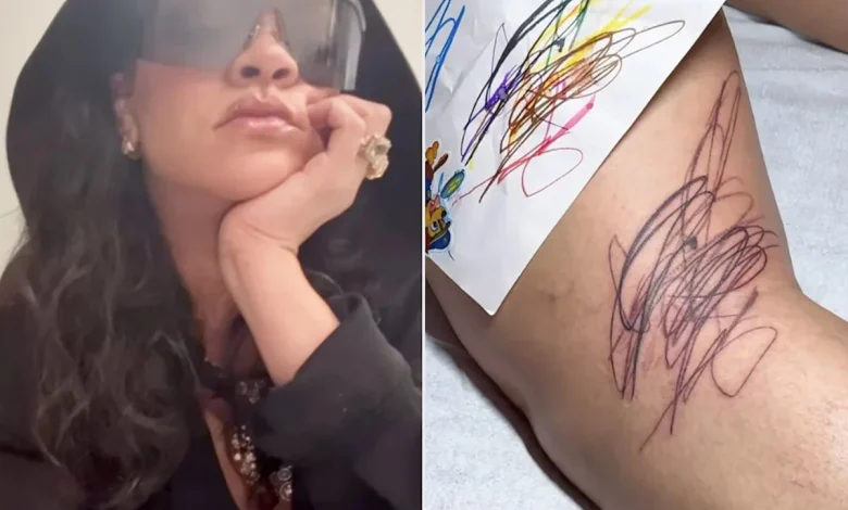 Rihanna Debuts Large Scribbled Leg Tattoo 'Designed by Her Babies': See Their Artwork