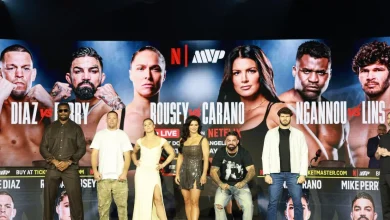 Rousey vs. Carano broadcast team set, includes Jon Jones and Cain Velasquez