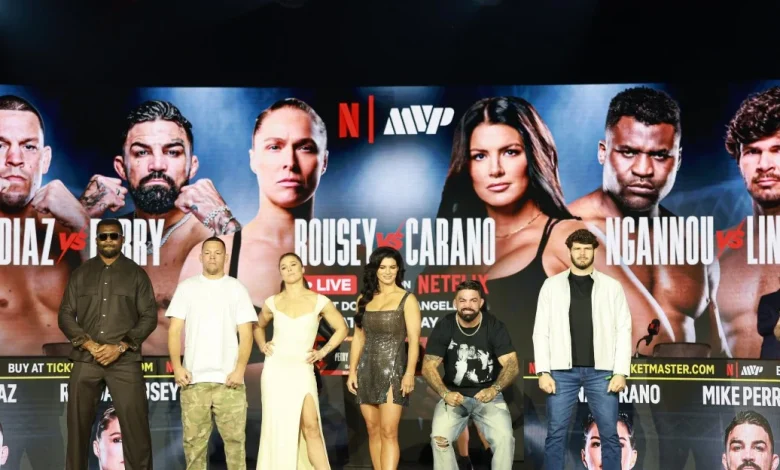 Rousey vs. Carano broadcast team set, includes Jon Jones and Cain Velasquez