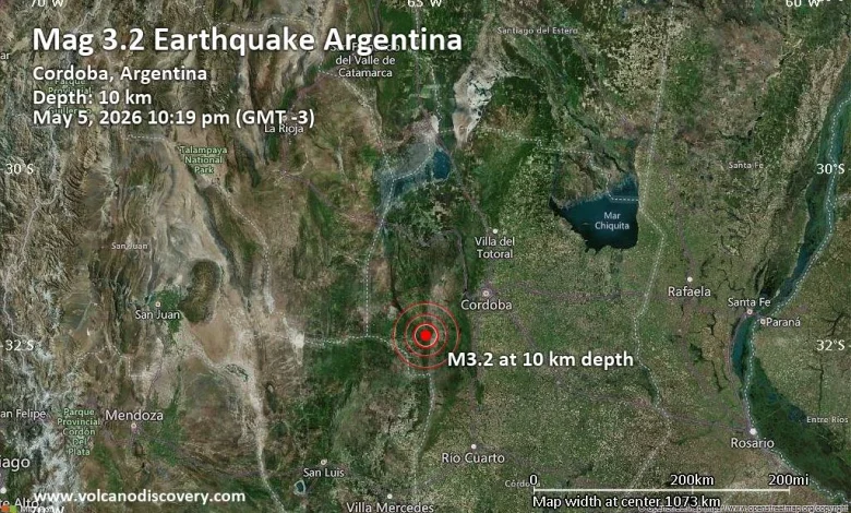 Small Magnitude 3.2 Quake Hits 20 km Northeast of Villa Dolores, Argentina Late at Night
