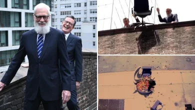 Stephen Colbert mocks CBS News, Tony Dokoupil as David Letterman helps toss furniture off roof