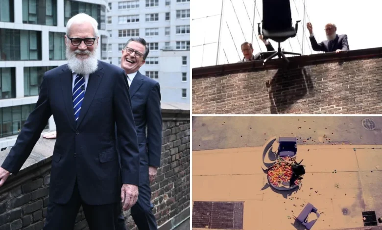Stephen Colbert mocks CBS News, Tony Dokoupil as David Letterman helps toss furniture off roof