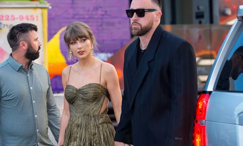 Taylor Swift Glitters in a Sideless, Backless Gilded Gown for a Surprise Wedding Date Night With Travis Kelce