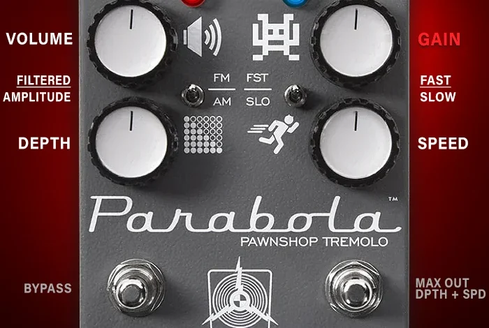 The Caroline Guitar Co. Parabola Pawnshop Edition is an incredibly lush and perfect sounding higher gain preamp-assisted, amp-style tremolo pedal
