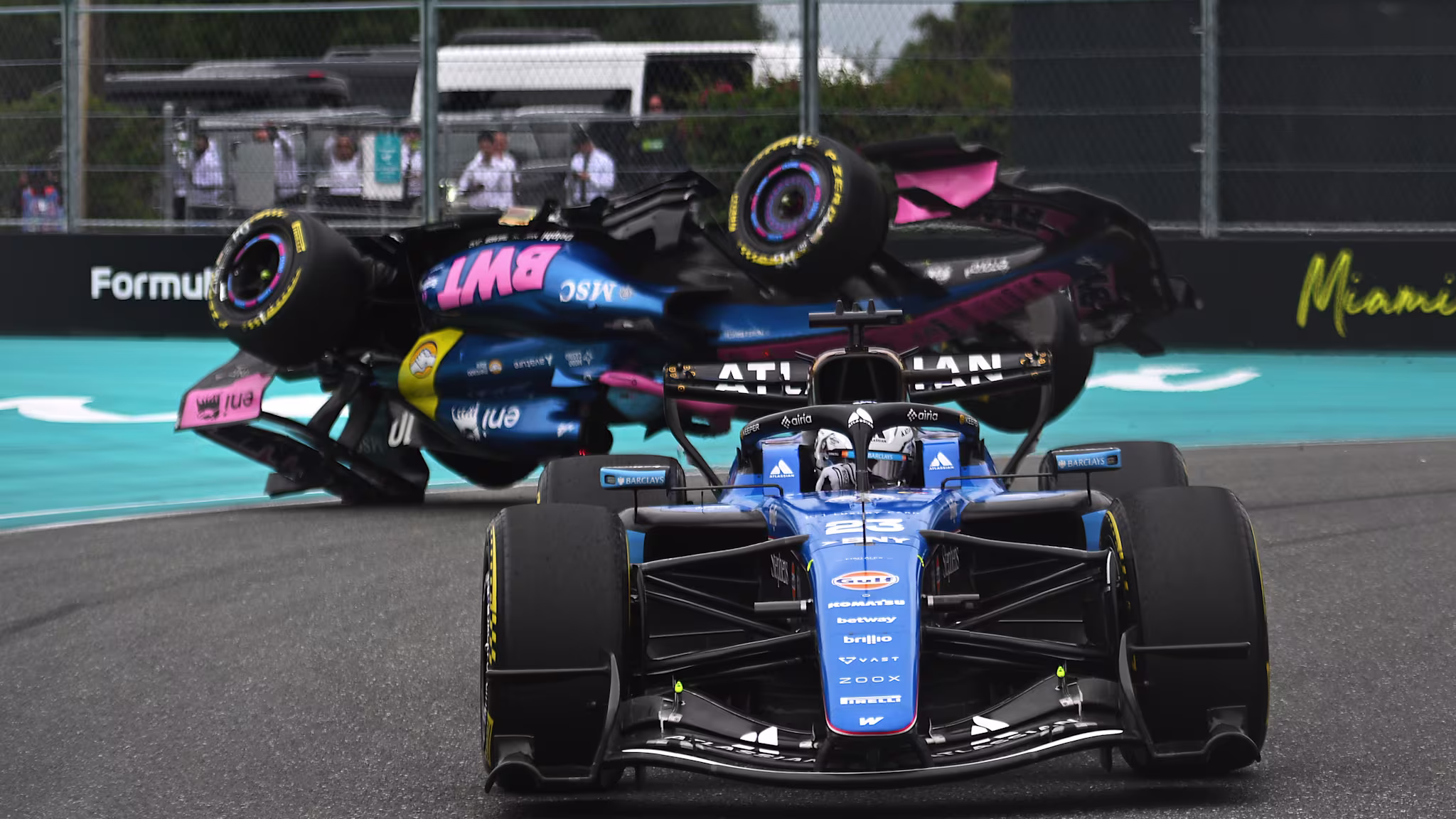 Watch as Gasly's Alpine is flipped upside down in Miami GP