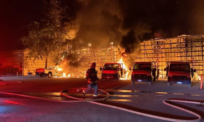 15 cars, 2 buildings destroyed in 2-alarm fire at Redmond landscaping business
