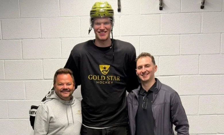 Alexander Karmanov, selected in the seventh round by the San Jose Sharks, is the tallest player ever drafted to the NHL