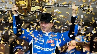 Denny Hamlin storms back from a pole-start penalty to win at Nashville Superspeedway