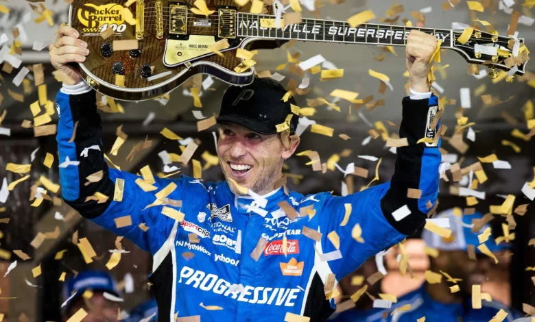 Denny Hamlin storms back from a pole-start penalty to win at Nashville Superspeedway