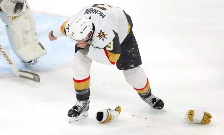 Golden Knights’ Brayden McNabb exits Game 2 of Stanley Cup Final after taking slap shot to face