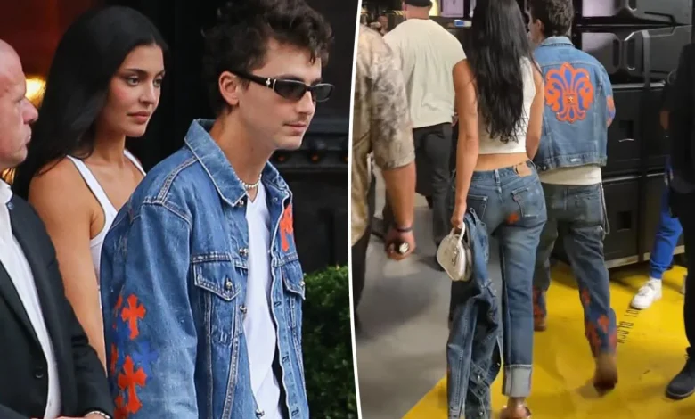 Kylie Jenner and Timothée Chalamet match in custom Knicks-themed denim for NBA Finals Game 4