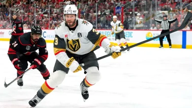 McNabb hit in face with puck, leaves Game 2 of Cup Final for Golden Knights