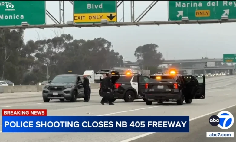 Northbound 405 Freeway in Playa Vista shut down after police shoot robbery suspect following pursuit