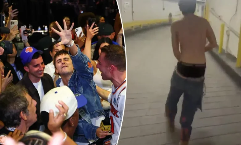 Timothee Chalamet rips off shirt, grabs microphone as Knicks celebration gets crazy