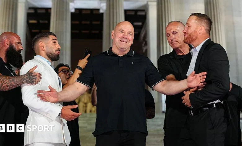 UFC White House: Ilia Topuria shoves Justin Gaethje in front of Lincoln Memorial