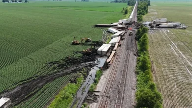 Watch: Double-stack train cars toppled by vicious winds in Illinois