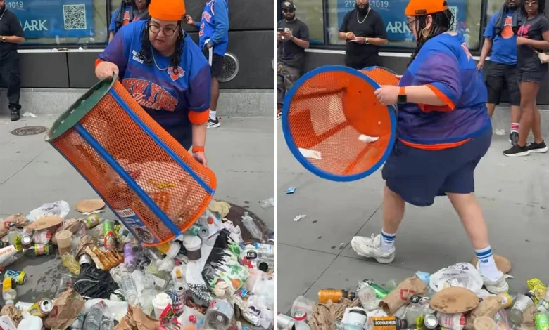 ‘Incredibly stupid’ Knicks fan dumps trash onto the street to steal blue and orange trashcan