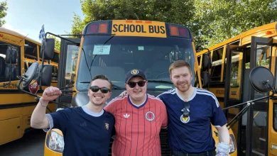 ‘We’re having a party!’: Inside a school bus with Scottish soccer fans headed to the World Cup