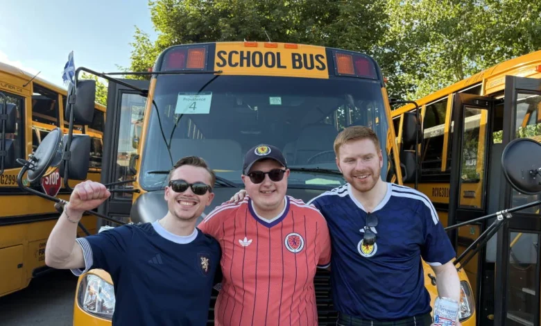 ‘We’re having a party!’: Inside a school bus with Scottish soccer fans headed to the World Cup